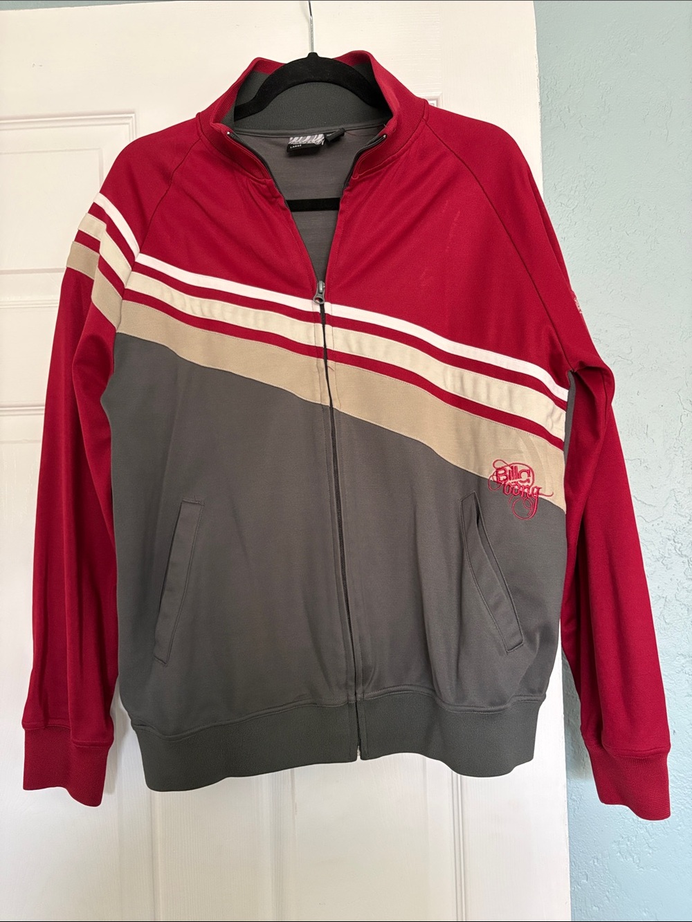 Billabong Red, Gray & Tan Colorblock Track Bomber Jacket